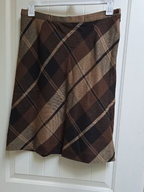 Bianca Nygard Pure New Wool Women's Brown Plaid A-Line Skirt Size 14